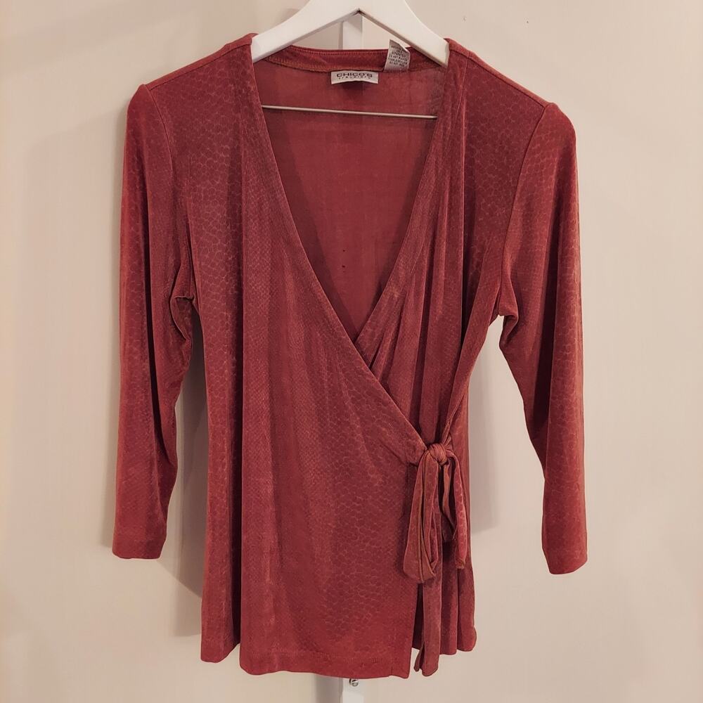 Chicos Travelers 0 Small Slinky Faux‎ Wrap Top 3/4 Sleeve Brown Snakeskin Grunge